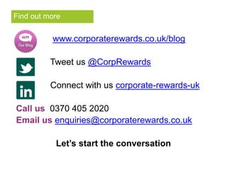Find out more 
www.corporaterewards.co.uk/blog 
Tweet us @CorpRewards 
Connect with us corporate-rewards-uk 
Call us 0370 ...