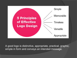 A good logo is distinctive, appropriate, practical, graphic,
simple in form and conveys an intended message.
 
