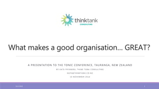 What makes a good organisation… GREAT?
A PRESENTATION TO THE TONIC CONFERENCE, TAURANGA, NEW ZEALAND
B Y K A T E F R Y K B E R G , T H I N K T A N K C O N S U L T I N G
K A T E @ T H I N K T A N K . C O . N Z
1 0 N O V E M B E R 2 0 1 6
16/11/2016 1
 