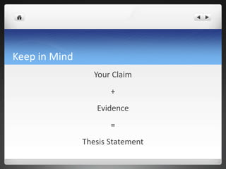 Keep in Mind
Your Claim
+
Evidence
=
Thesis Statement
 