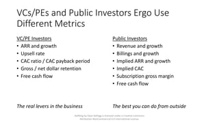 VCs/PEs and Public Investors Ergo Use
Different Metrics
VC/PE Investors
• ARR and growth
• Upsell rate
• CAC ratio / CAC p...