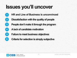 11 © 2014 SHL, a part of CEB. All rights reserved.
Issues you’ll uncover
1
2
3
4
5
6
HR and Line of Business is unconvinced
Dissatisfaction withthe quality of people
People don’t make itthrough the program
Alack of candidate motivation
Failure to meet business objectives
Criteria for selection issimply subjective
 