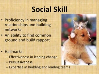 Social Skill
• Proficiency in managing
relationships and building
networks
• An ability to find common
ground and build rapport
• Hallmarks:
– Effectiveness in leading change
– Persuasiveness
– Expertise in building and leading teams
 