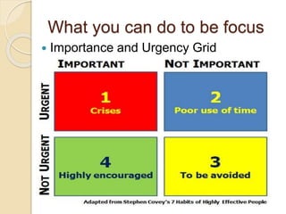 What you can do to be focus
 Importance and Urgency Grid
 
