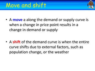 Welcome
Move and

Welcome
shift

• A move a along the demand or supply curve is
when a change in price point results in a
change in demand or supply

• A shift of the demand curve is when the entire
curve shifts due to external factors, such as
population change, or the weather

 
