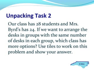 Unpacking Task 2
Our class has 28 students and Mrs.
Byrd’s has 24. If we want to arrange the
desks in groups with the same number
of desks in each group, which class has
more options? Use tiles to work on this
problem and show your answer.

 