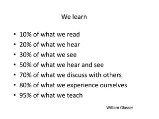 We learn

•   10% of what we read
•   20% of what we hear
•   30% of what we see
•   50% of what we hear and see
•   70% of what we discuss with others
•   80% of what we experience ourselves
•   95% of what we teach
                                William Glasser
 