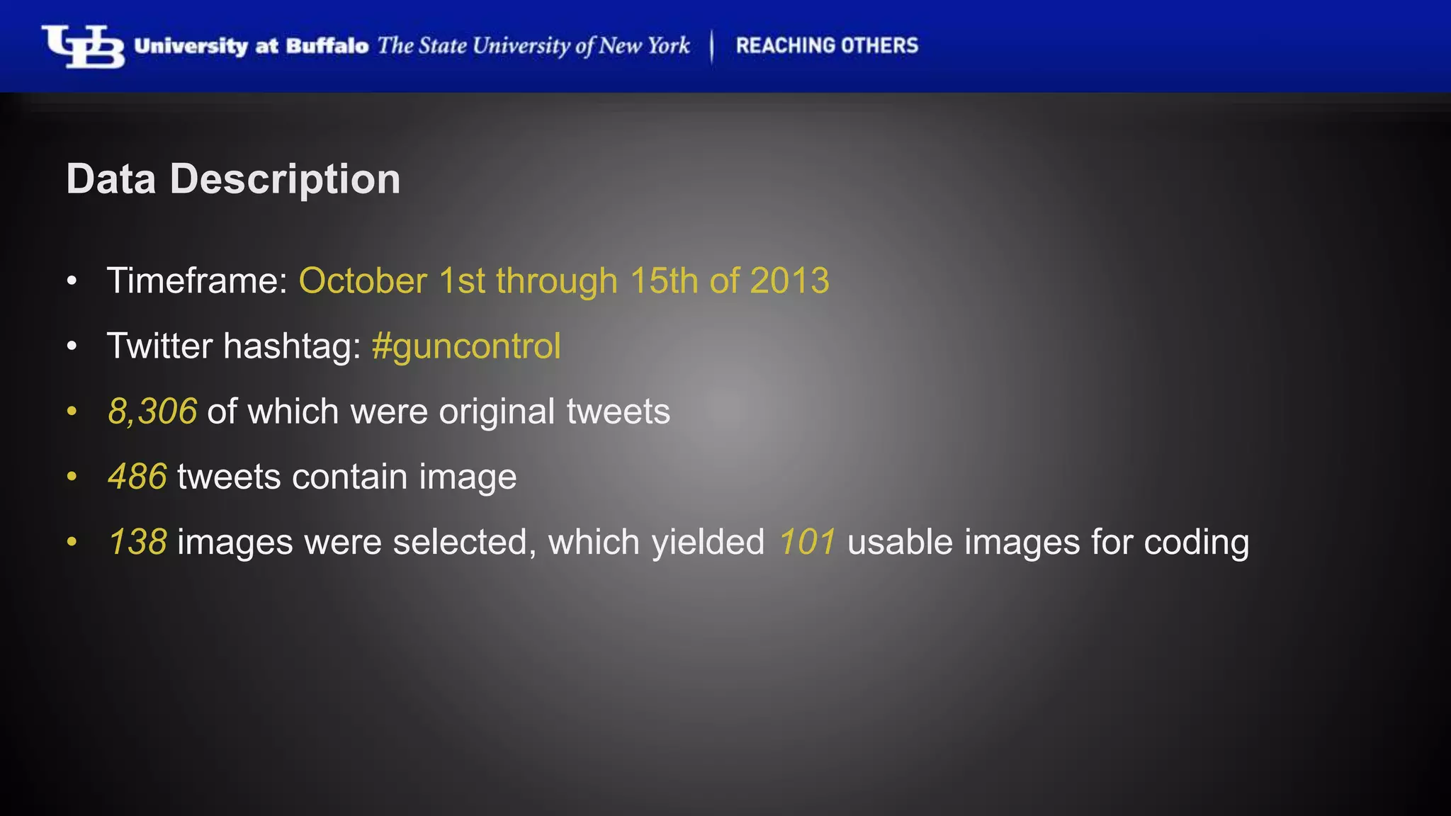Data Description 
• Timeframe: October 1st through 15th of 2013 
• Twitter hashtag: #guncontrol 
• 8,306 of which were original tweets 
• 486 tweets contain image 
• 138 images were selected, which yielded 101 usable images for coding 
 