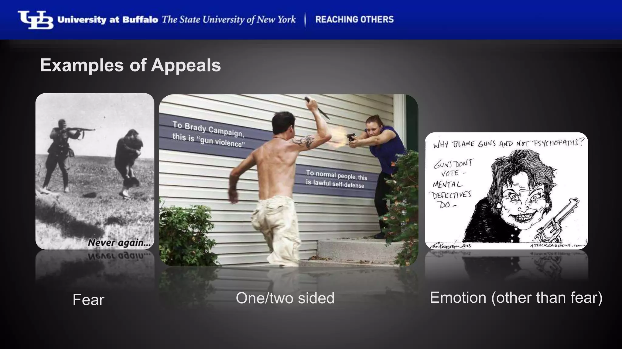 Examples of Appeals 
Fear One/two sided Emotion (other than fear) 
 