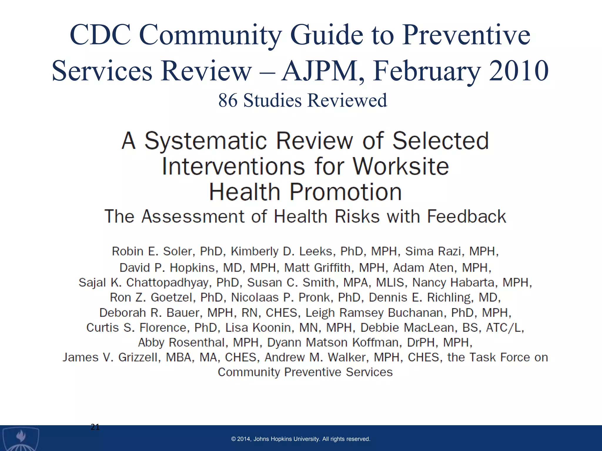 © 2014, Johns Hopkins University. All rights reserved.
CDC Community Guide to Preventive
Services Review – AJPM, February 2010
86 Studies Reviewed
21
 