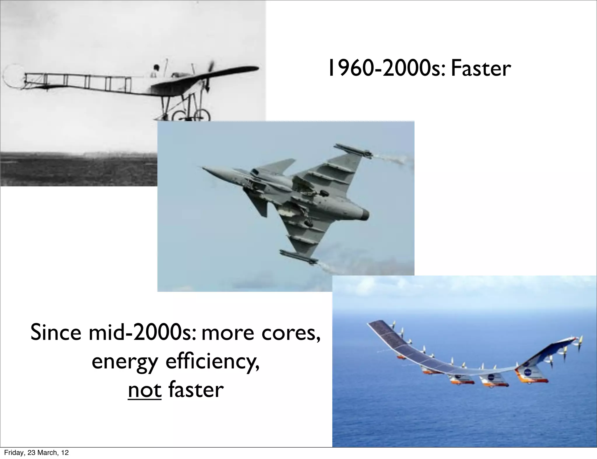 1960-2000s: Faster




        Since mid-2000s: more cores,
              energy efﬁciency,
                 not faster

Friday, 23 March, 12
 