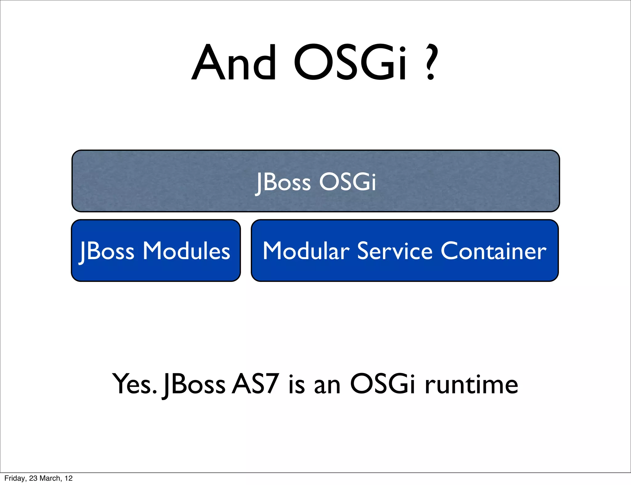 And OSGi ?

                                       JBoss OSGi

                       JBoss Modules   Modular Service Container




                         Yes. JBoss AS7 is an OSGi runtime

Friday, 23 March, 12
 