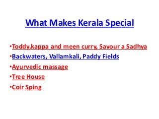 What Makes Kerala Special
•Toddy,kappa and meen curry, Savour a Sadhya
•Backwaters, Vallamkali, Paddy Fields
•Ayurvedic massage
•Tree House
•Coir Sping
 
