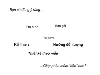 Trừu tượng
Đa hình Bao gói
Kế thừa Hướng đối tượng
Thiết kế theo mẫu
Bạn có đồng ý rằng…
…Giúp phần mềm “dẻo” hơn?
 