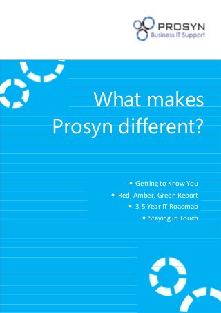 What makes
Prosyn different?
• Getting to Know You
• Red, Amber, Green Report
• 3-5 Year IT Roadmap
• Staying in Touch
 