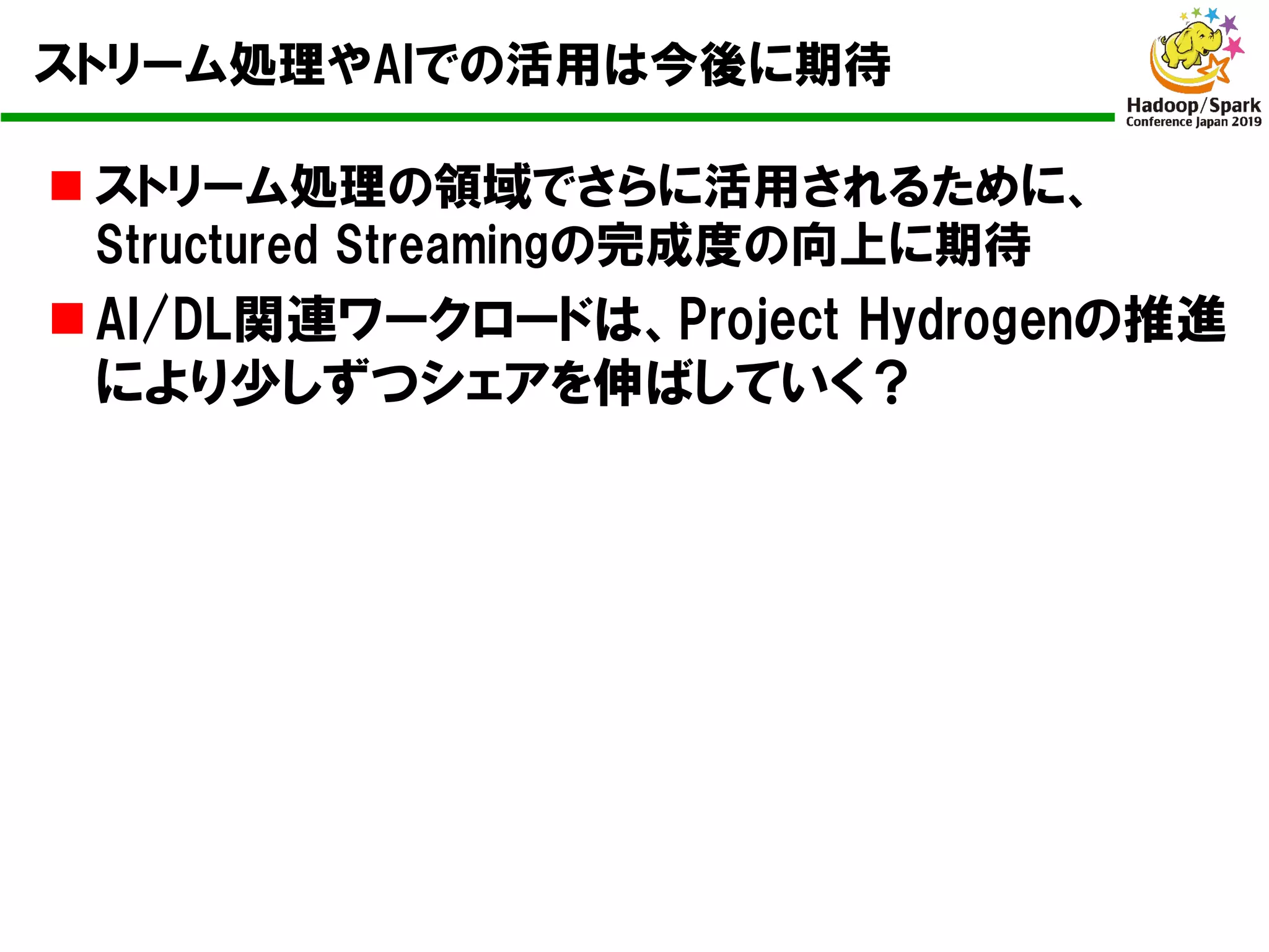 ストリーム処理やAIでの活用は今後に期待
n ストリーム処理の領域でさらに活用されるために、
Structured Streamingの完成度の向上に期待
n AI/DL関連ワークロードは、Project Hydrogenの推進
により少しずつシェアを伸ばしていく？
 