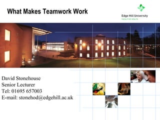 What Makes Teamwork Work




David Stonehouse
Senior Lecturer
Tel: 01695 657003
E-mail: stonehod@edgehill.ac.uk

           the University of choice
 