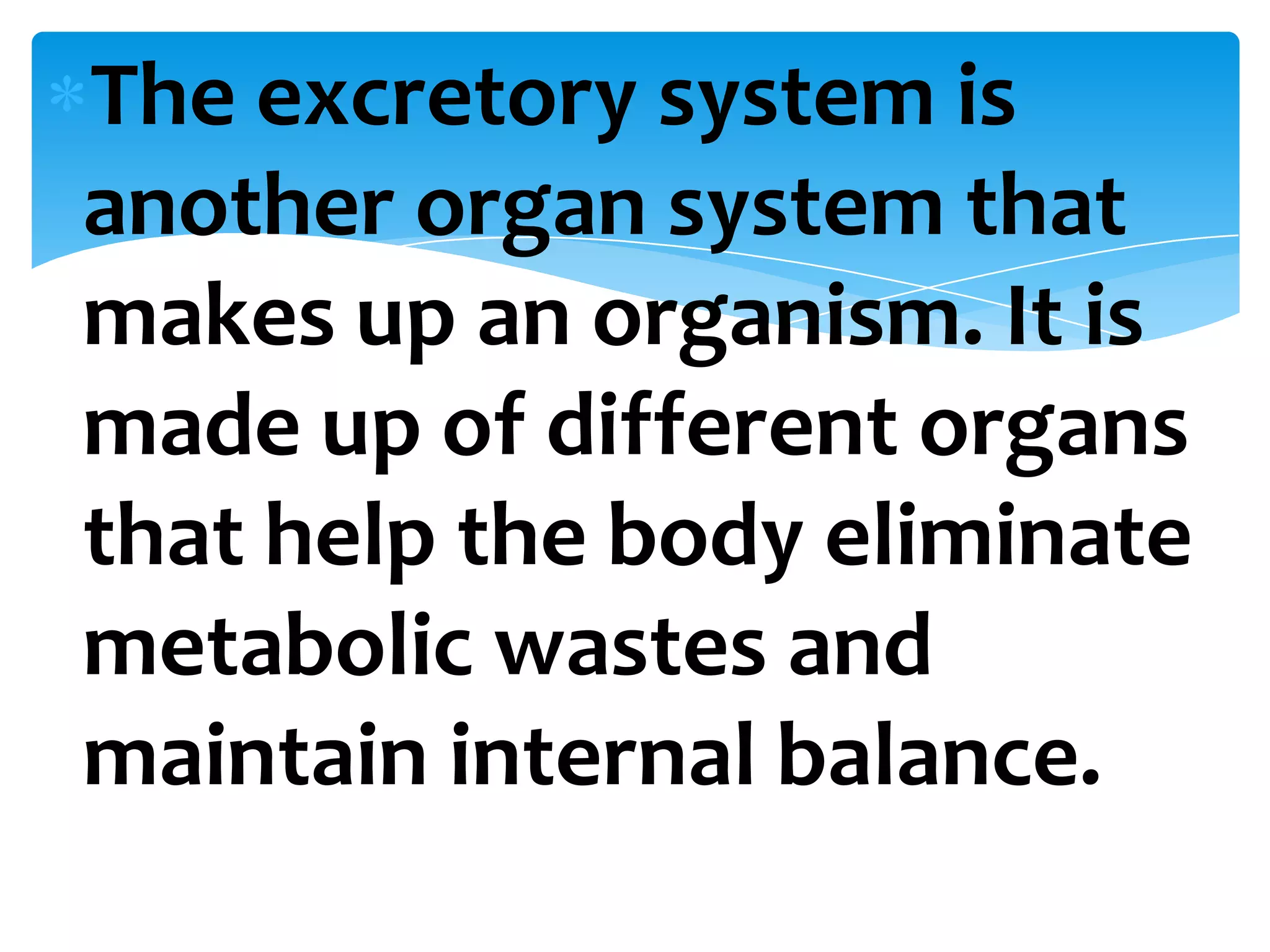 The excretory system is
another organ system that
makes up an organism. It is
made up of different organs
that help the body eliminate
metabolic wastes and
maintain internal balance.
 