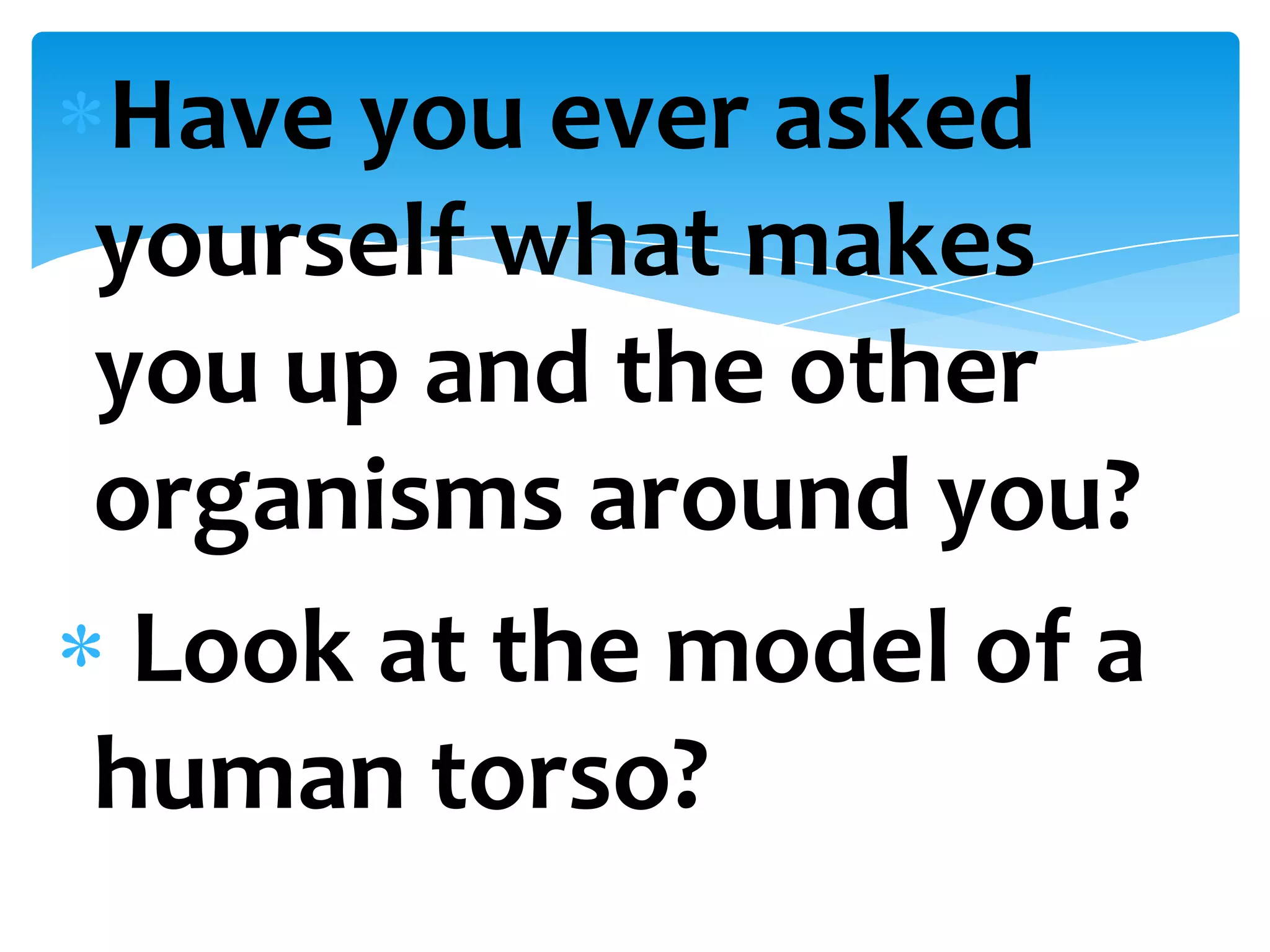 Have you ever asked
yourself what makes
you up and the other
organisms around you?
 Look at the model of a
human torso?
 