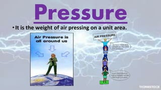 Pressure• It is the weight of air pressing on a unit area.
 