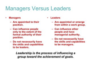 Managers Versus Leaders Managers Are appointed to their position. Can influence people only to the extent of the formal authority of their position. Do not necessarily have the skills and capabilities to be leaders. Leaders Are appointed or emerge from within a work group. Can influence other people and have managerial authority. Do not necessarily have the skills and capabilities to be managers. Leadership is the process of influencing a group toward the achievement of goals. 