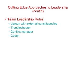 Cutting Edge Approaches to Leadership (cont’d) Team Leadership Roles Liaison with external constituencies Troubleshooter Conflict manager Coach 