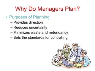 Why Do Managers Plan? Purposes of Planning Provides direction Reduces uncertainty Minimizes waste and redundancy Sets the standards for controlling 