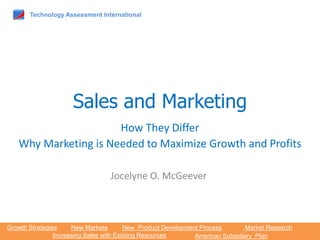 Technology Assessment International
Growth Strategies New Markets New Product Development Process
American Subsidiary PlanIncreasing Sales with Existing Resources
Market Research
Sales and Marketing
How They Differ
Why Marketing is Needed to Maximize Growth and Profits
Jocelyne O. McGeever
 