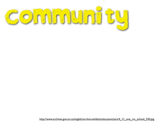 COMMUNITY

http://www.archives.gov.on.ca/english/on-line-exhibits/education/pics/4_11_one_rm_school_520.jpg

 