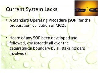 Current System Lacks
• A Standard Operating Procedure [SOP] for the
preparation, validation of MCQs
• Heard of any SOP bee...