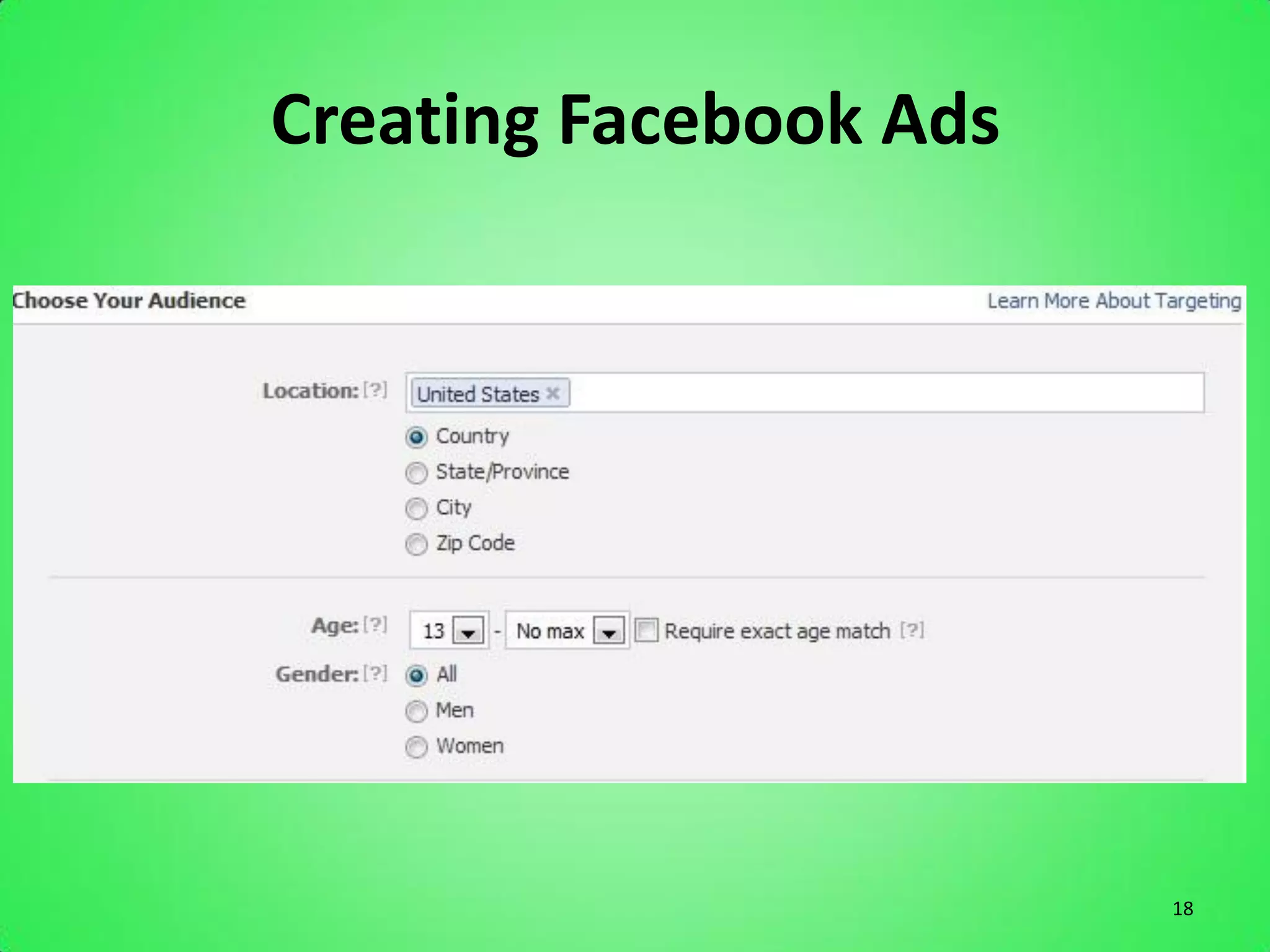 Creating Facebook Ads




                        18
 