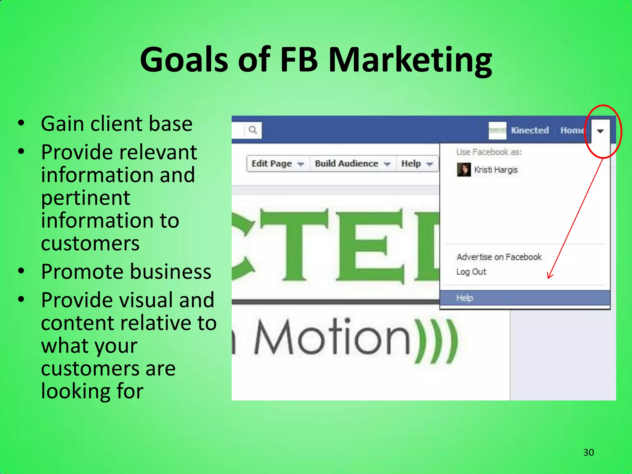 Goals of FB Marketing
• Gain client base
• Provide relevant
  information and
  pertinent
  information to
  customers
• Promote business
• Provide visual and
  content relative to
  what your
  customers are
  looking for

                                    30
 