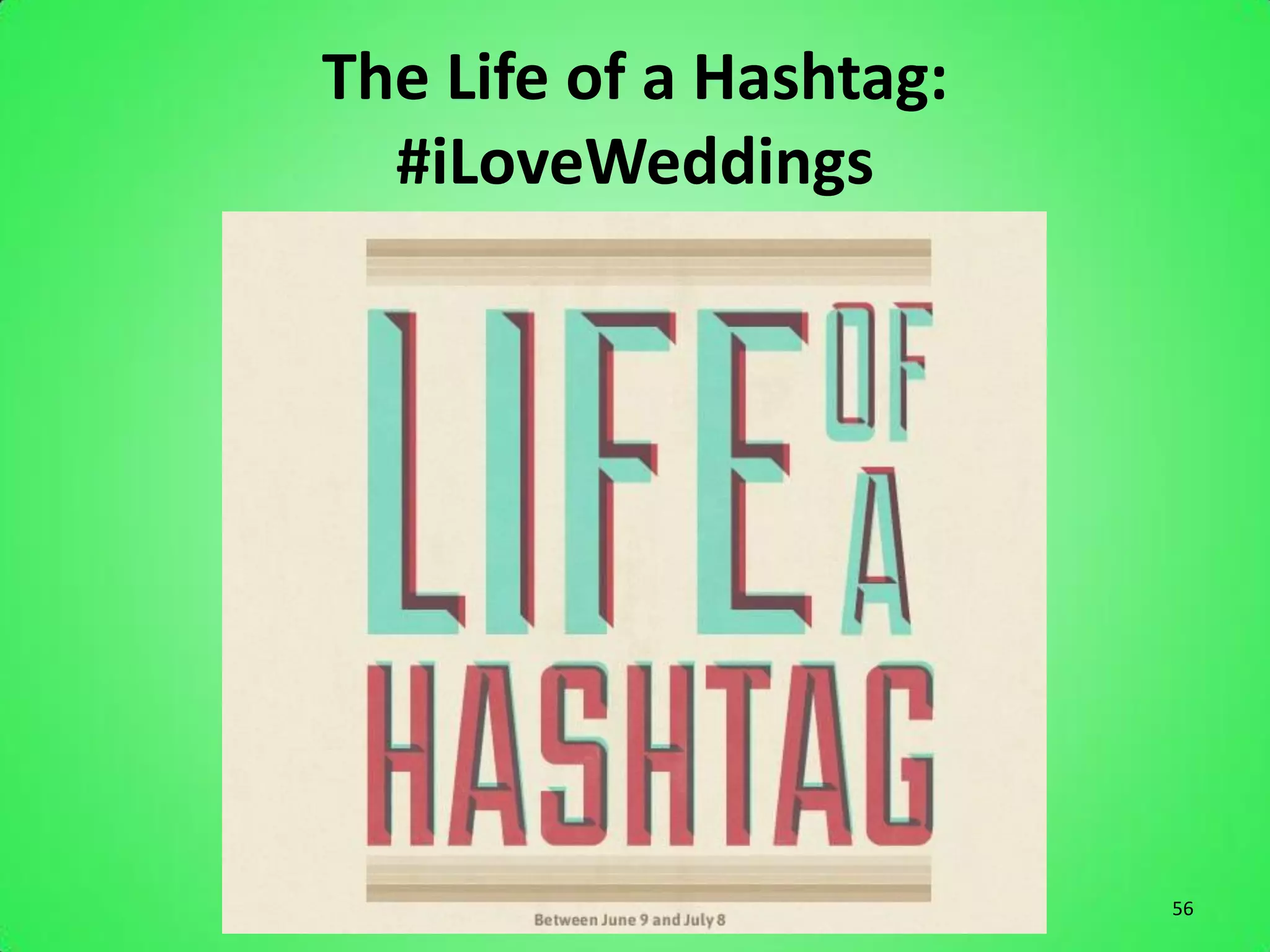 The Life of a Hashtag:
  #iLoveWeddings




                         56
 