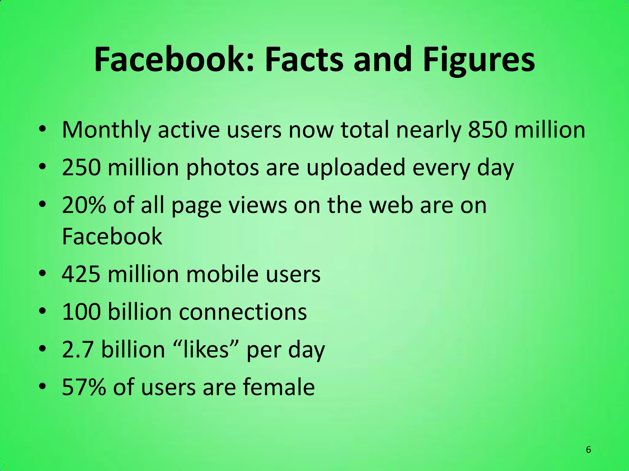 Facebook: Facts and Figures
• Monthly active users now total nearly 850 million
• 250 million photos are uploaded every day
• 20% of all page views on the web are on
  Facebook
• 425 million mobile users
• 100 billion connections
• 2.7 billion “likes” per day
• 57% of users are female

                                                  6
 