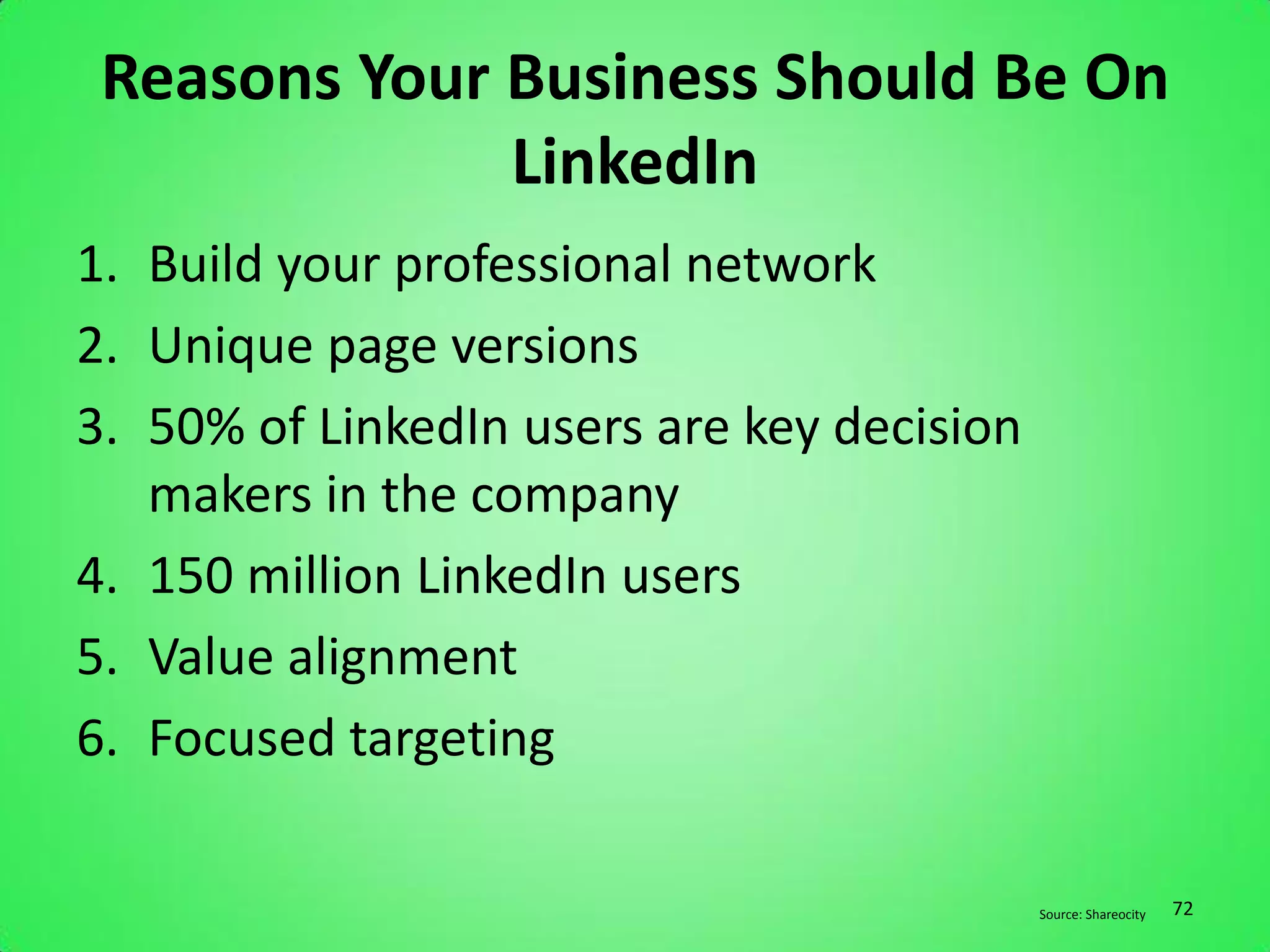 Reasons Your Business Should Be On
              LinkedIn
1. Build your professional network
2. Unique page versions
3. 50% of LinkedIn users are key decision
   makers in the company
4. 150 million LinkedIn users
5. Value alignment
6. Focused targeting

                                            Source: Shareocity   72
 
