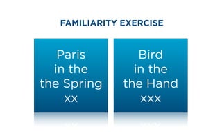 Paris
in the
the Spring
xx
Bird
in the
the Hand
xxx
FAMILIARITY EXERCISE
 