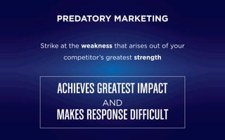 PREDATORY MARKETING
Strike at the weakness that arises out of your
competitor’s greatest strength
ACHIEVES GREATEST IMPACT
AND
MAKES RESPONSE DIFFICULT
 