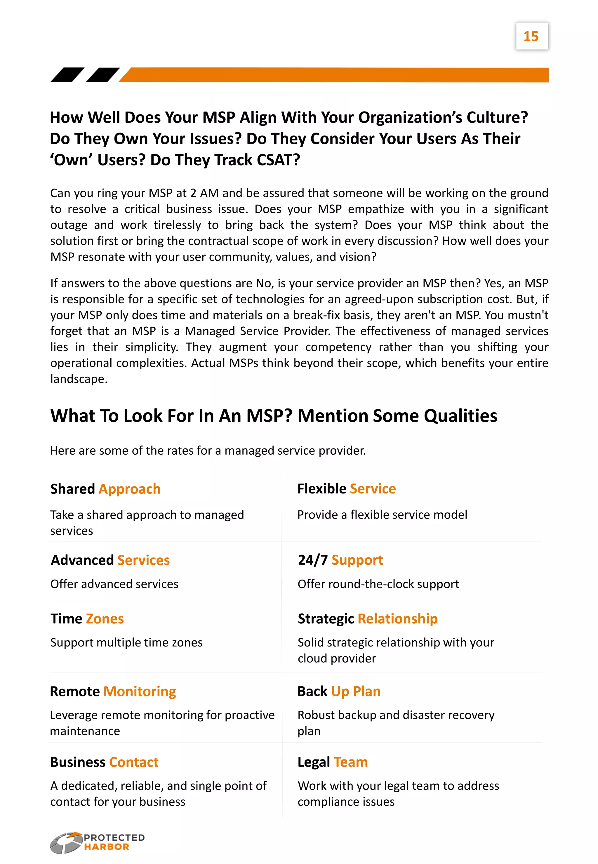 15
How Well Does Your MSP Align With Your Organization’s Culture?
Do They Own Your Issues? Do They Consider Your Users As Their
‘Own’ Users? Do They Track CSAT?
Can you ring your MSP at 2 AM and be assured that someone will be working on the ground
to resolve a critical business issue. Does your MSP empathize with you in a significant
outage and work tirelessly to bring back the system? Does your MSP think about the
solution first or bring the contractual scope of work in every discussion? How well does your
MSP resonate with your user community, values, and vision?
If answers to the above questions are No, is your service provider an MSP then? Yes, an MSP
is responsible for a specific set of technologies for an agreed-upon subscription cost. But, if
your MSP only does time and materials on a break-fix basis, they aren't an MSP. You mustn't
forget that an MSP is a Managed Service Provider. The effectiveness of managed services
lies in their simplicity. They augment your competency rather than you shifting your
operational complexities. Actual MSPs think beyond their scope, which benefits your entire
landscape.
What To Look For In An MSP? Mention Some Qualities
Here are some of the rates for a managed service provider.
02
04
07 08
Offer advanced services Offer round-the-clock support
Take a shared approach to managed
services
Provide a flexible service model
Shared Approach Flexible Service
Advanced Services 24/7 Support
Strategic Relationship
Time Zones
Support multiple time zones Solid strategic relationship with your
cloud provider
Back Up Plan
Remote Monitoring
Leverage remote monitoring for proactive
maintenance
Robust backup and disaster recovery
plan
Legal Team
Business Contact
A dedicated, reliable, and single point of
contact for your business
Work with your legal team to address
compliance issues
 
