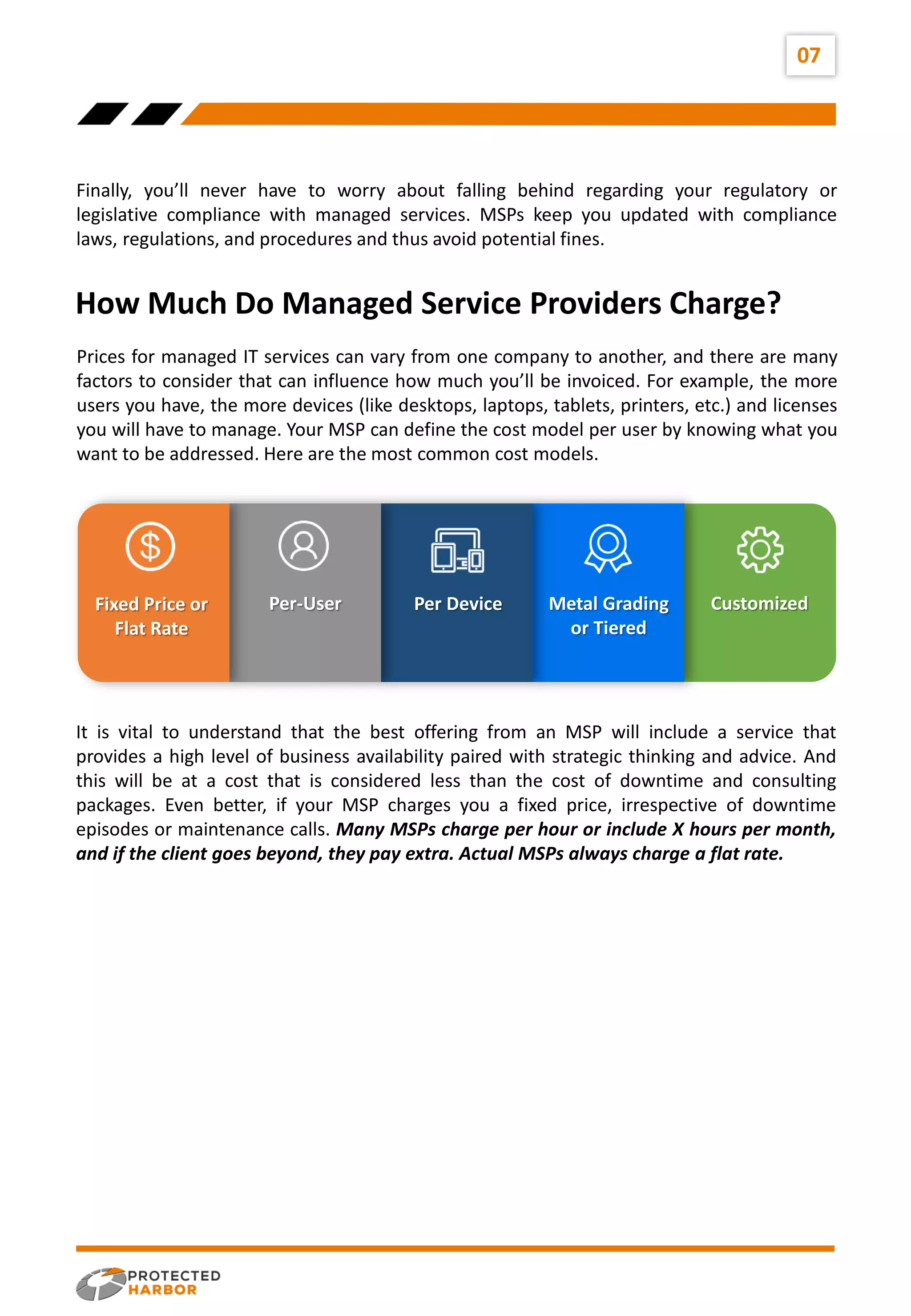 07
How Much Do Managed Service Providers Charge?
Finally, you’ll never have to worry about falling behind regarding your regulatory or
legislative compliance with managed services. MSPs keep you updated with compliance
laws, regulations, and procedures and thus avoid potential fines.
Prices for managed IT services can vary from one company to another, and there are many
factors to consider that can influence how much you’ll be invoiced. For example, the more
users you have, the more devices (like desktops, laptops, tablets, printers, etc.) and licenses
you will have to manage. Your MSP can define the cost model per user by knowing what you
want to be addressed. Here are the most common cost models.
Per Device Metal Grading
or Tiered
Customized
Fixed Price or
Flat Rate
Per-User
It is vital to understand that the best offering from an MSP will include a service that
provides a high level of business availability paired with strategic thinking and advice. And
this will be at a cost that is considered less than the cost of downtime and consulting
packages. Even better, if your MSP charges you a fixed price, irrespective of downtime
episodes or maintenance calls. Many MSPs charge per hour or include X hours per month,
and if the client goes beyond, they pay extra. Actual MSPs always charge a flat rate.
 