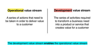 A series of actions that need to
be taken in order to deliver value
to a customer
Operational value stream Development value stream
The series of activities required
to transform a business need
into a product or service that
creates value for a customer
The development value stream enables the operational value stream
 