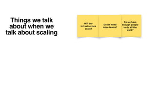 Things we talk
about when we
talk about scaling
Things we don’t
talk about when we
talk about scaling
 