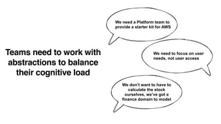 Teams need to work with
abstractions to balance
their cognitive load
We need a Platform team to
provide a starter kit for AWS
We don’t want to have to
calculate the stock
ourselves, we’ve got a
finance domain to model
We need to focus on user
needs, not user access
 