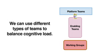 Working Groups
Enabling
Teams
Platform Teams
We can use different
types of teams to
balance cognitive load.
 
