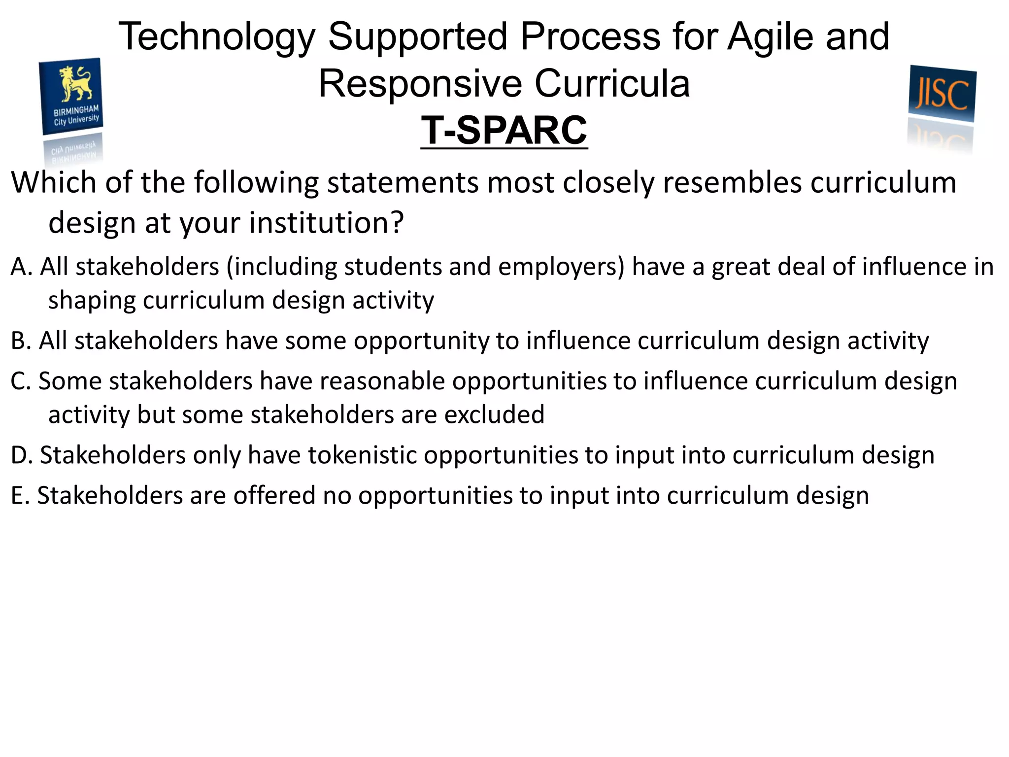 Technology Supported Process for Agile and Responsive CurriculaT-SPARC 
Which of the following statements most closely resembles curriculum design at your institution? 
A. All stakeholders (including students and employers) have a great deal of influence in shaping curriculum design activity 
B. All stakeholders have some opportunity to influence curriculum design activity 
C. Some stakeholders have reasonable opportunities to influence curriculum design activity but some stakeholders are excluded 
D. Stakeholders only have tokenistic opportunities to input into curriculum design 
E. Stakeholders are offered no opportunities to input into curriculum design  