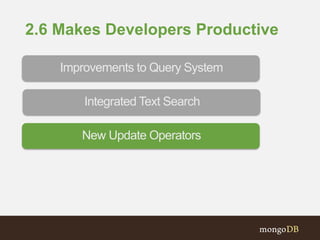 2.6 Makes Developers Productive
New Update Operators
Integrated Text Search
Improvements to Query System
 