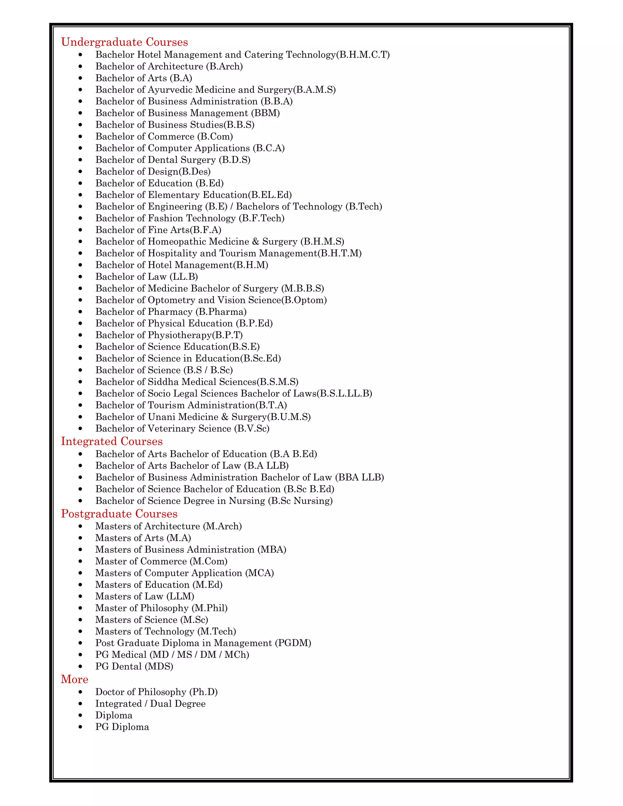 Undergraduate Courses
• Bachelor Hotel Management and Catering Technology(B.H.M.C.T)
• Bachelor of Architecture (B.Arch)
• Bachelor of Arts (B.A)
• Bachelor of Ayurvedic Medicine and Surgery(B.A.M.S)
• Bachelor of Business Administration (B.B.A)
• Bachelor of Business Management (BBM)
• Bachelor of Business Studies(B.B.S)
• Bachelor of Commerce (B.Com)
• Bachelor of Computer Applications (B.C.A)
• Bachelor of Dental Surgery (B.D.S)
• Bachelor of Design(B.Des)
• Bachelor of Education (B.Ed)
• Bachelor of Elementary Education(B.EL.Ed)
• Bachelor of Engineering (B.E) / Bachelors of Technology (B.Tech)
• Bachelor of Fashion Technology (B.F.Tech)
• Bachelor of Fine Arts(B.F.A)
• Bachelor of Homeopathic Medicine & Surgery (B.H.M.S)
• Bachelor of Hospitality and Tourism Management(B.H.T.M)
• Bachelor of Hotel Management(B.H.M)
• Bachelor of Law (LL.B)
• Bachelor of Medicine Bachelor of Surgery (M.B.B.S)
• Bachelor of Optometry and Vision Science(B.Optom)
• Bachelor of Pharmacy (B.Pharma)
• Bachelor of Physical Education (B.P.Ed)
• Bachelor of Physiotherapy(B.P.T)
• Bachelor of Science Education(B.S.E)
• Bachelor of Science in Education(B.Sc.Ed)
• Bachelor of Science (B.S / B.Sc)
• Bachelor of Siddha Medical Sciences(B.S.M.S)
• Bachelor of Socio Legal Sciences Bachelor of Laws(B.S.L.LL.B)
• Bachelor of Tourism Administration(B.T.A)
• Bachelor of Unani Medicine & Surgery(B.U.M.S)
• Bachelor of Veterinary Science (B.V.Sc)
Integrated Courses
• Bachelor of Arts Bachelor of Education (B.A B.Ed)
• Bachelor of Arts Bachelor of Law (B.A LLB)
• Bachelor of Business Administration Bachelor of Law (BBA LLB)
• Bachelor of Science Bachelor of Education (B.Sc B.Ed)
• Bachelor of Science Degree in Nursing (B.Sc Nursing)
Postgraduate Courses
• Masters of Architecture (M.Arch)
• Masters of Arts (M.A)
• Masters of Business Administration (MBA)
• Master of Commerce (M.Com)
• Masters of Computer Application (MCA)
• Masters of Education (M.Ed)
• Masters of Law (LLM)
• Master of Philosophy (M.Phil)
• Masters of Science (M.Sc)
• Masters of Technology (M.Tech)
• Post Graduate Diploma in Management (PGDM)
• PG Medical (MD / MS / DM / MCh)
• PG Dental (MDS)
More
• Doctor of Philosophy (Ph.D)
• Integrated / Dual Degree
• Diploma
• PG Diploma
 