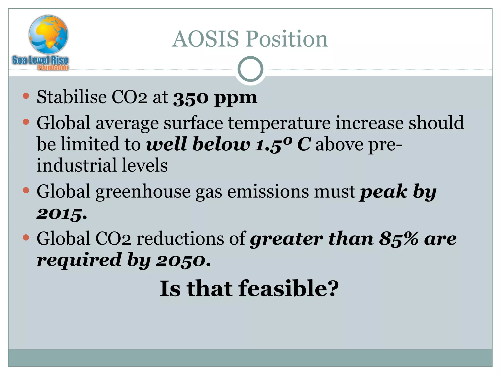 AOSIS Position Stabilise CO2 at  350 ppm Global average surface temperature increase should be limited to  well below 1.5º C  above pre-industrial levels Global greenhouse gas emissions must  peak by 2015. Global CO2 reductions of  greater than 85% are required by 2050. Is that feasible? 