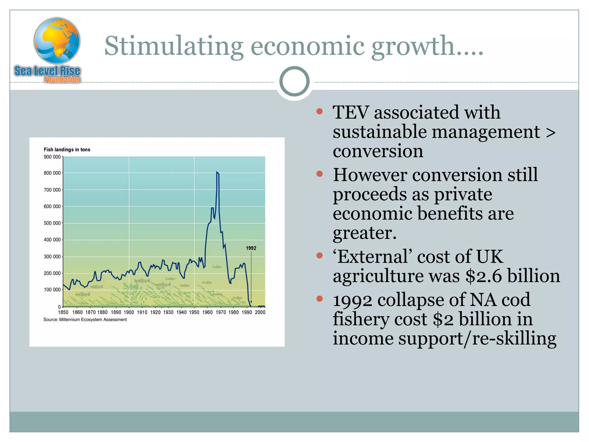 Stimulating economic growth…. TEV associated with sustainable management > conversion However conversion still proceeds as private economic benefits are greater. ‘ External’ cost of UK agriculture was $2.6 billion  1992 collapse of NA cod fishery cost $2 billion in income support/re-skilling 