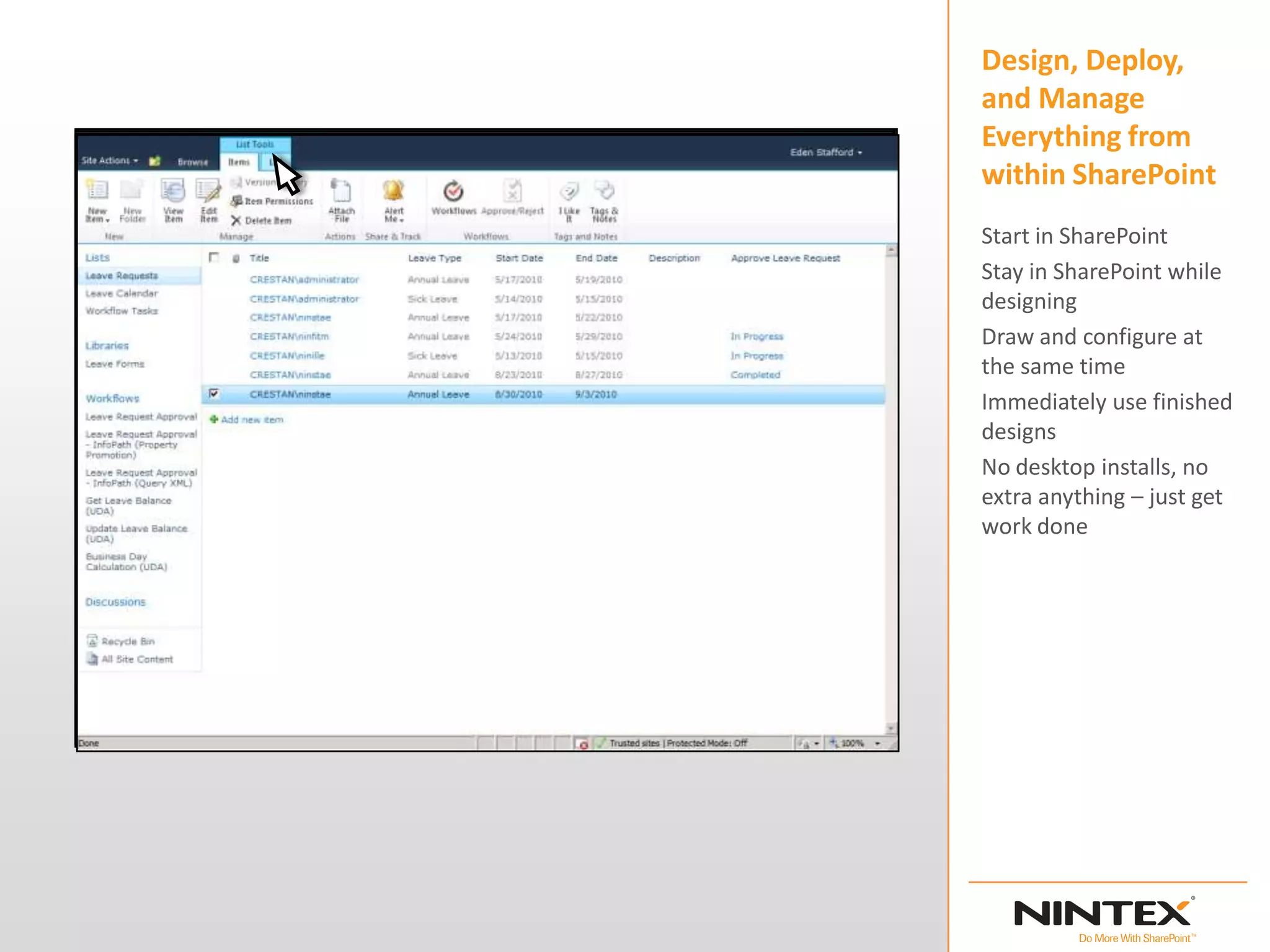Design, Deploy,
and Manage
Everything from
within SharePoint
Start in SharePoint
Stay in SharePoint while
designing
Draw and configure at
the same time
Immediately use finished
designs
No desktop installs, no
extra anything – just get
work done
 