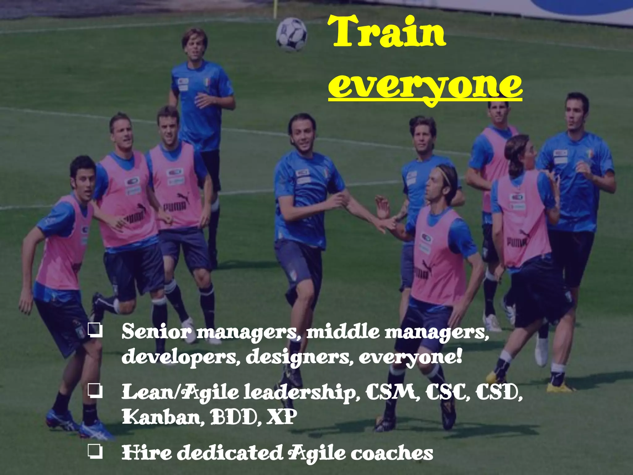 ❏ Senior managers, middle managers,
developers, designers, everyone!
❏ Lean/Agile leadership, CSM, CSC, CSD,
Kanban, BDD, XP
❏ Hire dedicated Agile coaches
Train
everyone
 
